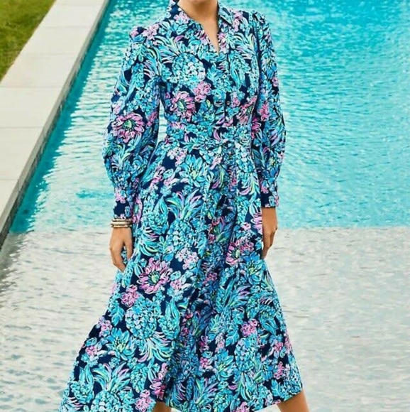 Lilly Pulitzer Dress Mira Shirt Stretch 6 Small Pineapple Paradise Blue High - Picture 4 of 10